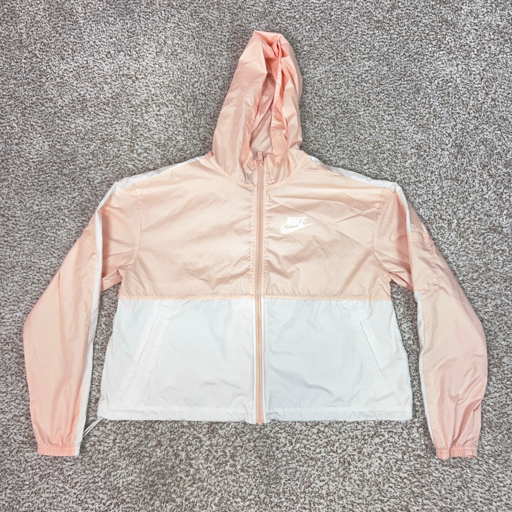 Nike Jacket Womens Medium Pink White Cropped Hooded Windbreaker Colorblock Light